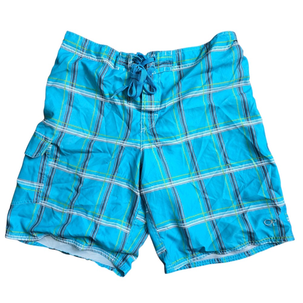 Ocean Pacific Mens Neptune Blue Plaid Board Shorts Swim Trunks OM15201Y Large